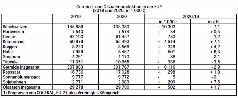 Getreide- und lsaatenproduktion EU 2019 und 2020