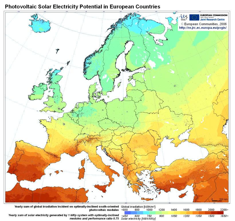    Solarstrompotenzial der europäischen Regionen  