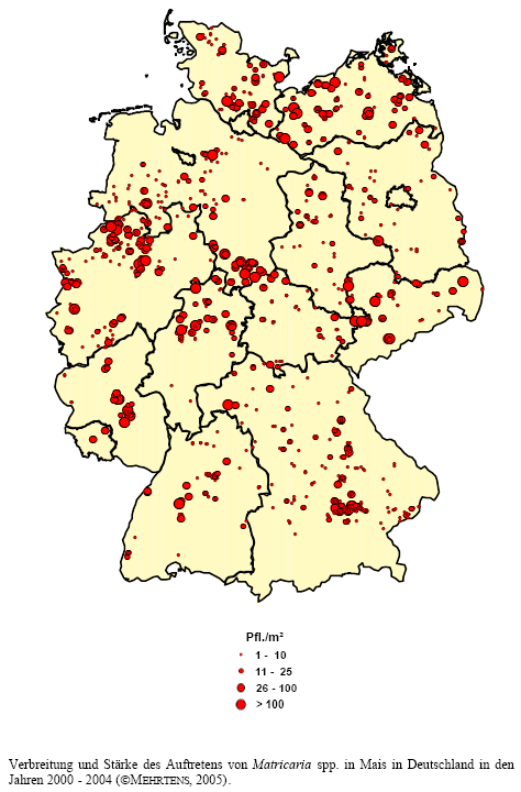 Verbreitung und Strke des Auftretens von Kamille-Arten in Mais in Deutschland in den Jahren 2000 - 2004