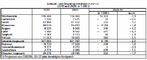 Getreide- und lsaatenproduktion EU 2019 und 2020